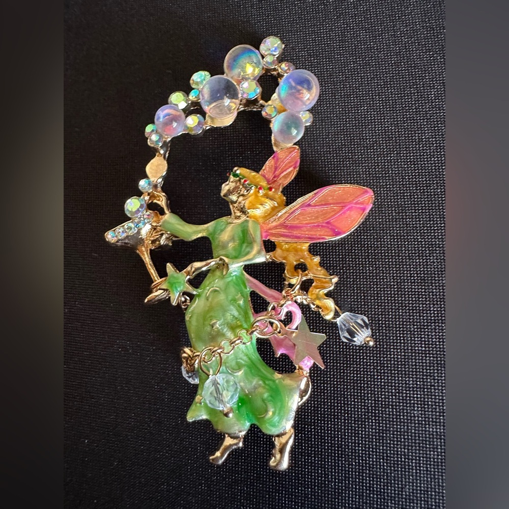 Green enamel and rhinestone fairy brooch